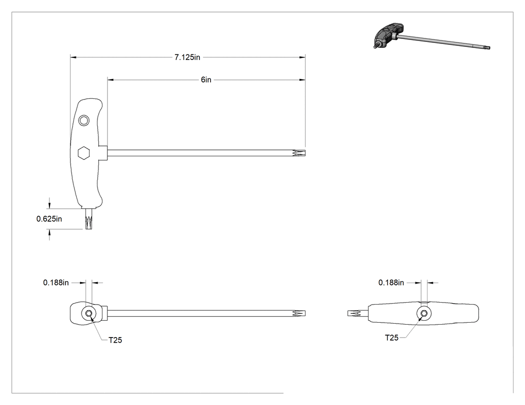 Teknik Çizim - Yüksek Kaldıraçlı Krom Kaplı Çelik T-Kolu Torx Anahtarı, T25 Tahrik Boyutu, 7-1/8" Toplam Uzunluk
