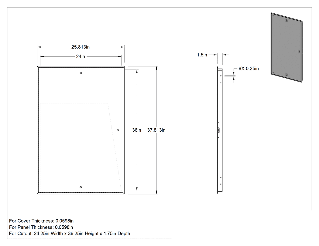 Teknik Çizim - Tavan ve Duvar Montajlı Contalı Erişim Paneli, Çelik, 36-1/4" x 24-1/4" x 1-3/4" kesik için