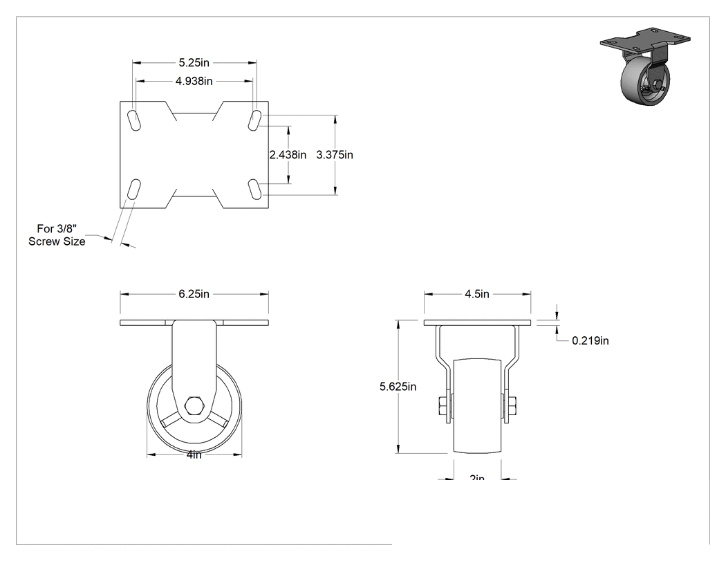 Teknik Çizim - 6-1/, 4" x 4-1/2" Plakalı Yüksek Kapasiteli Mauler Tekerlek, 4 inç Çapında Metal Tekerlekli Sert