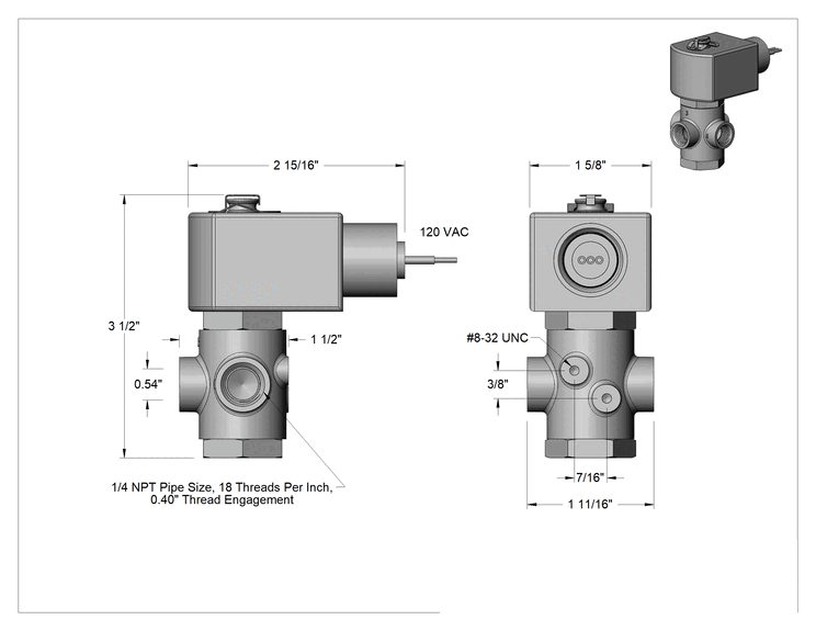 Teknik Çizim - Pirinç Gövde Solenoid Açma/Kapama Vanası, Soğutma Suyu için Egzoz Portlu, 1/4 NPT Dişi