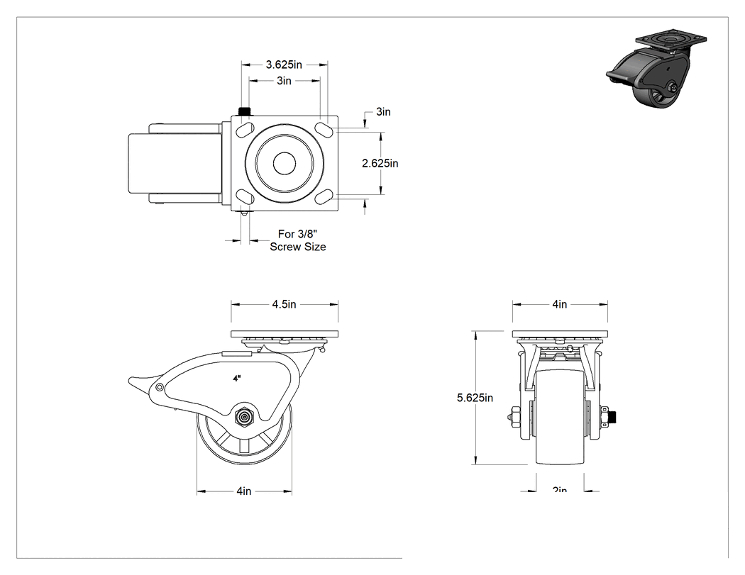 Teknik Çizim - 4-1/2" x 4" Montaj Plakalı Samson Tekerlek, Tam Kilitli ve 4 inç Çapında Polipropilen Tekerlekli Döner Ayak, Açık Rulman
