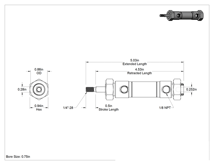 Teknik Çizim - Dönmeyen Yuvarlak Gövdeli Hava Silindiri, 3/4" Delik Boyutu, 1/2" Strok Uzunluğu