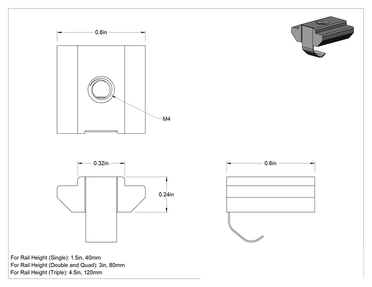 Teknik Çizim - Uç Beslemeli T-Yivli Çerçeve Bağlantı Elemanları, 1.5 inç ve 40 mm Ray için Kolay Kaydırmalı Yaylı Tırnaklı Somun, M4