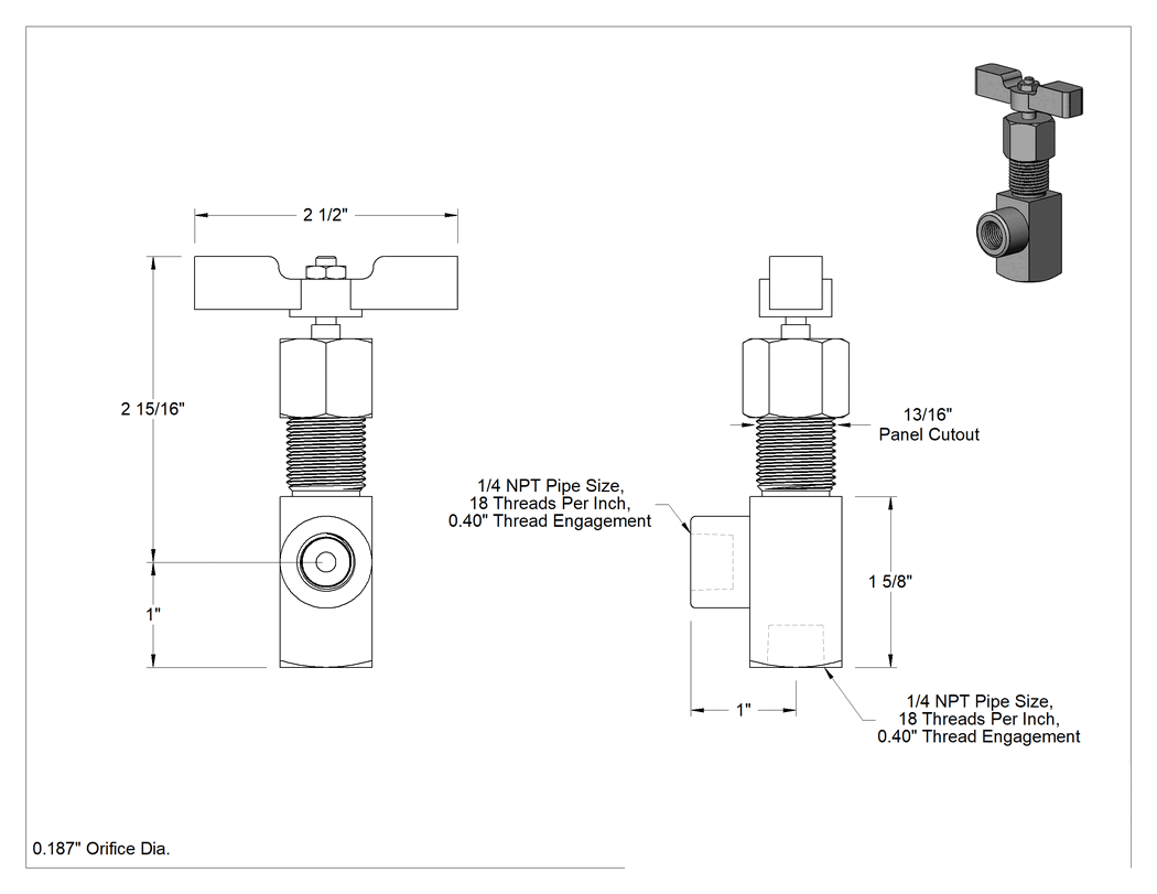 Teknik Çizim - Yüksek Basınçlı Hassas Akış Ayar Vanası, Çelik Gövde, 1/4 NPT Dişi, 0.8 Akış Katsayısı