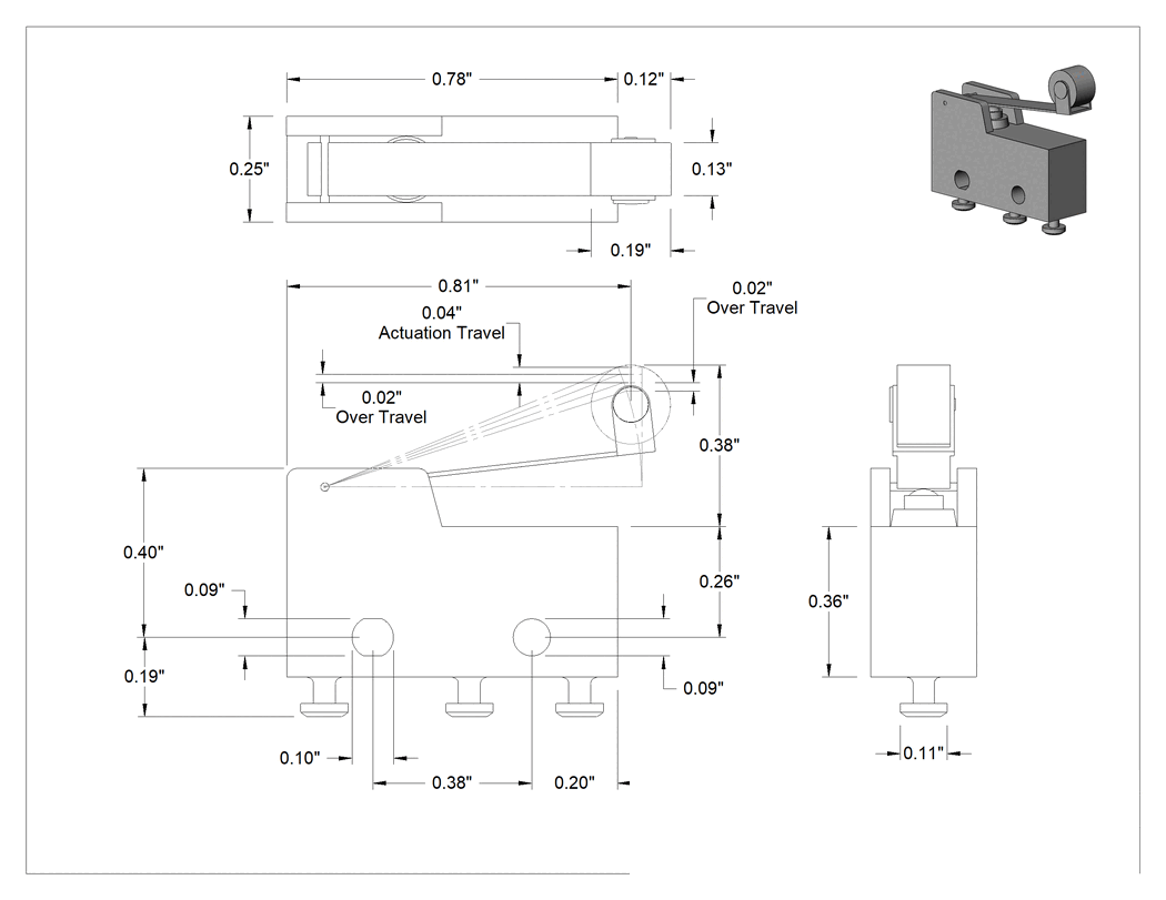 Teknik Çizim - Hafif Dokunmalı Mikro Ani Hareketli Anahtar, Tırnaklı Terminallere Sahip Makara Kollu Aktüatör, 5A@ 250V AC