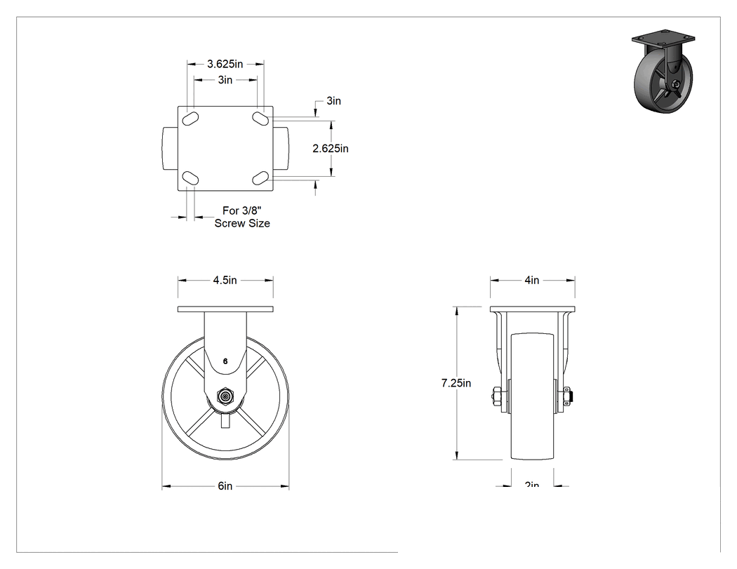 Teknik Çizim - 4-1/2" x 4" Montaj Plakalı Samson Tekerlek, 6" Çaplı Polipropilen Tekerlekli Sert, Açık Rulman