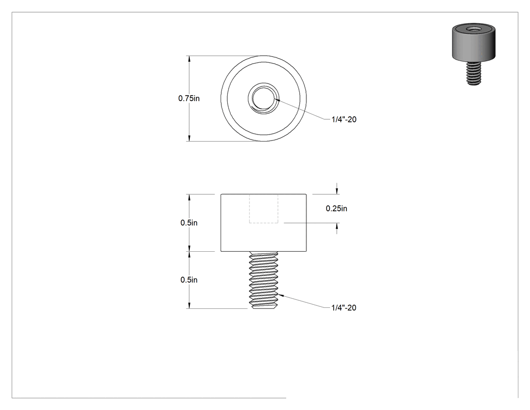 Teknik Çizim - Neopren Titreşim Sönümleyici Sandviç Montaj, 1/4"-20 Çinko Kaplı Çelik Saplama ve Çelik Ek Parçalı, 21 lbs. Kapasite