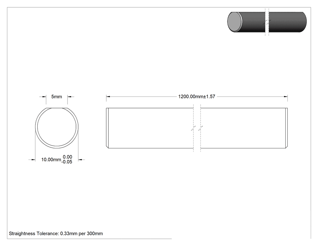 Teknik Çizim - D-Profil Döner Mil, 1045 Karbon Çelik, 10 mm Çap, 1200 mm Uzunluk