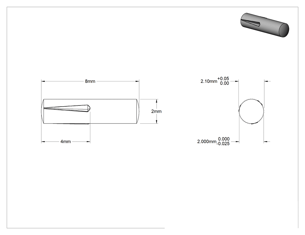 Teknik Çizim - Yarım Yivli Pim, Ters Konik Oluk, 2 mm Çap, 8 mm Uzunluk
