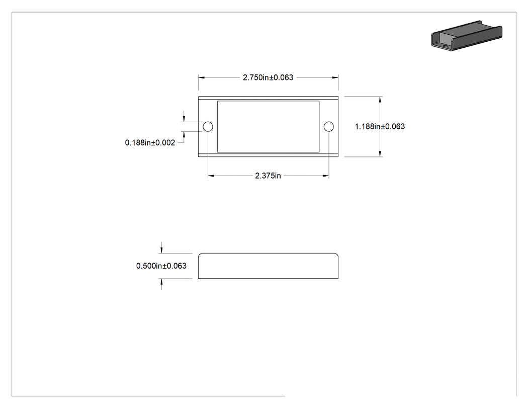 Teknik Çizim - Kapalı Seramik Mıknatıs, Dişsiz Delik, Kadmiyum Kaplı Kutu, 1/2" X1-3/16" X2-3/4"