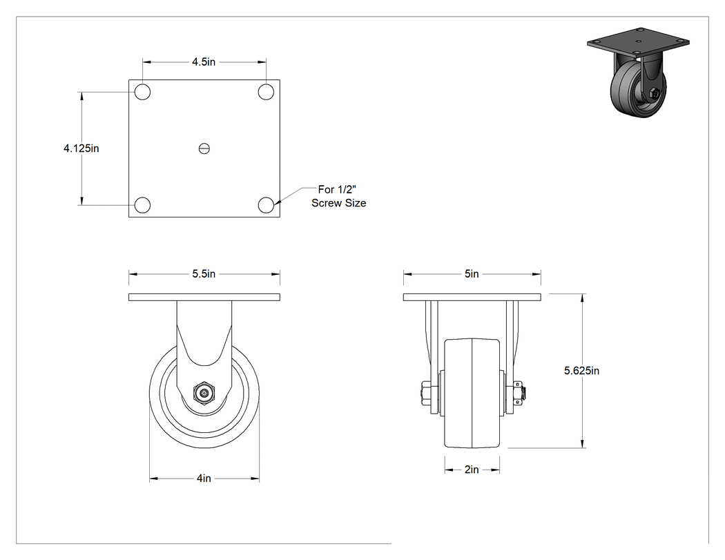Teknik Çizim - 5-1/2" x 5" Plakalı Yüksek Kapasiteli Spartan Tekerlek, 4 inç Çapında 60D Durometreli Poliüretan Tekerlekli Sert