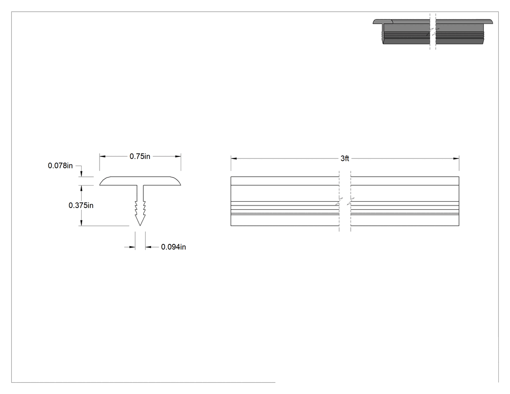 Teknik Çizim - İtme Saplı Alüminyum Kenar Çıtası, 3/4" Genişlik x 5/64" Dış Yükseklik, 3/8" Gövde Uzunluğu, 3 Fit Uzunluk