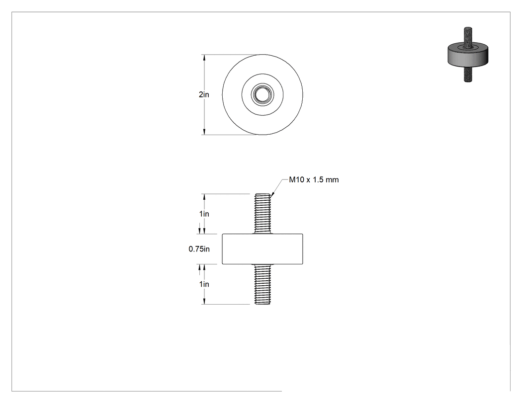 Teknik Çizim - Doğal Kauçuk Titreşim Sönümleyici Sandviç Montaj, M10 x 1.5 mm Dişli 304 Paslanmaz Çelik Saplama, 660 lb. Kapasite