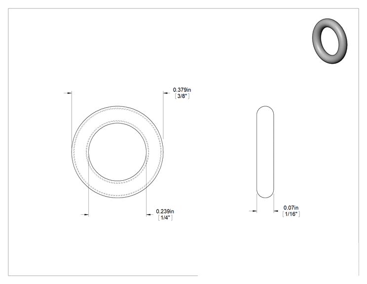 Teknik Çizim - Kimyasal Dayanıklı FEP Kaplı Silikon O-Ring, Düşük Sıcaklık, 1/16 Kesirli Genişlik, Dash No. 010