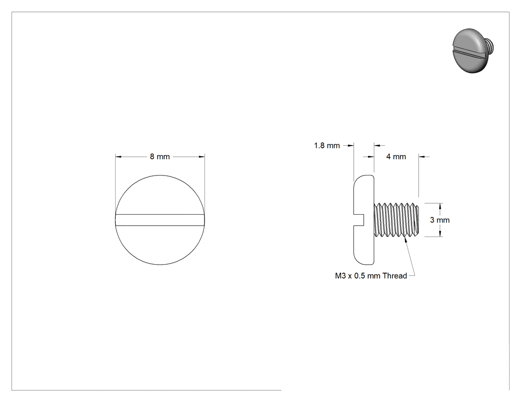 Teknik Çizim - Çinko Kaplı Çelik Silindir Başlı Oluklu Vida, M3 x 0.5 mm Diş Boyutu, 4 mm Uzunluk, 8 mm Baş Çapı