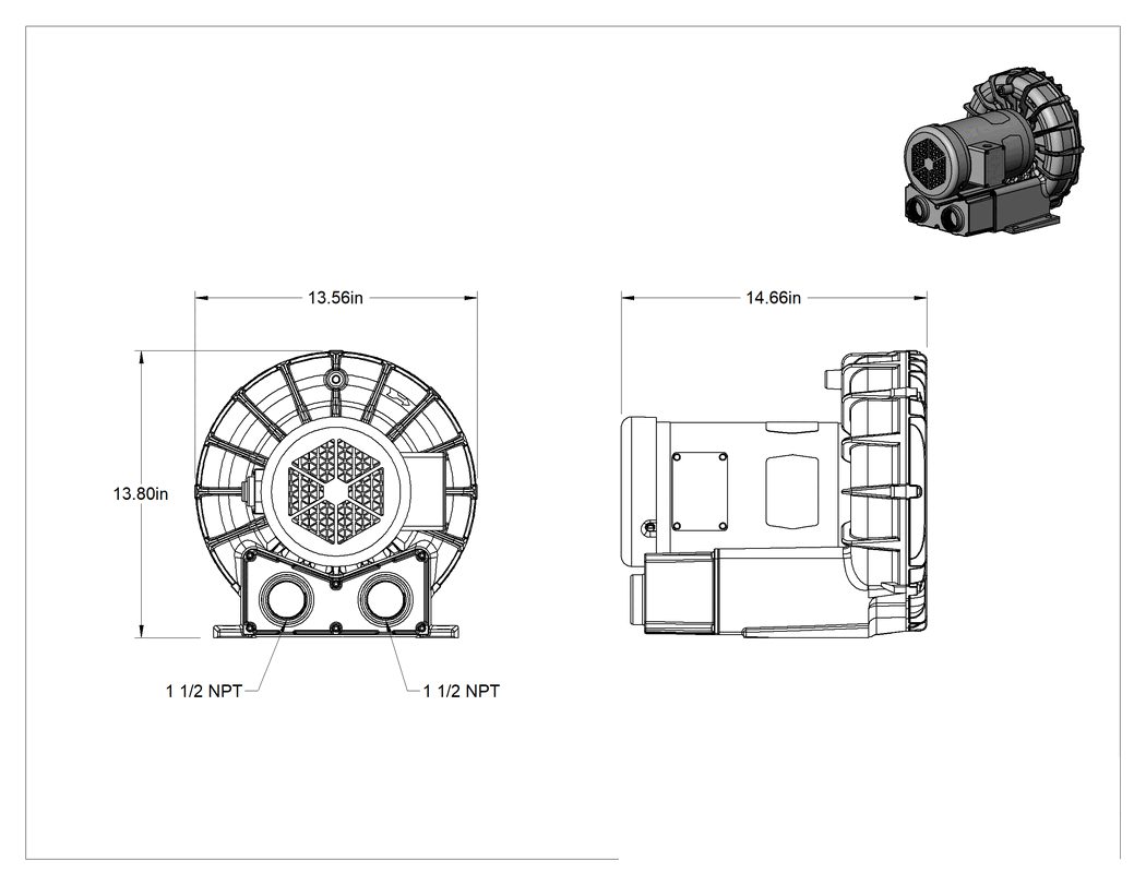 Teknik Çizim - Yüksek Akışlı Düşük Basınçlı Sıkıştırılmış Hava Üfleyici, 208-230/460 VAC, 3 Fazlı, 160 CFM @ 0 PSI, 2-1/2 hp