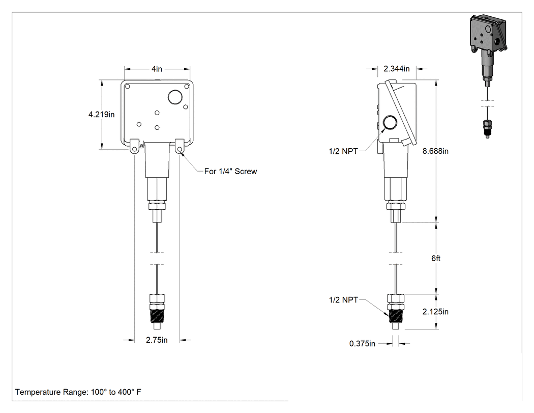 Teknik Çizim - Yıkanabilir Sıcaklık Anahtarları, Duvar Montajı, 1 Devre, 1/2 NPT Erkek, 100° ila 400°F