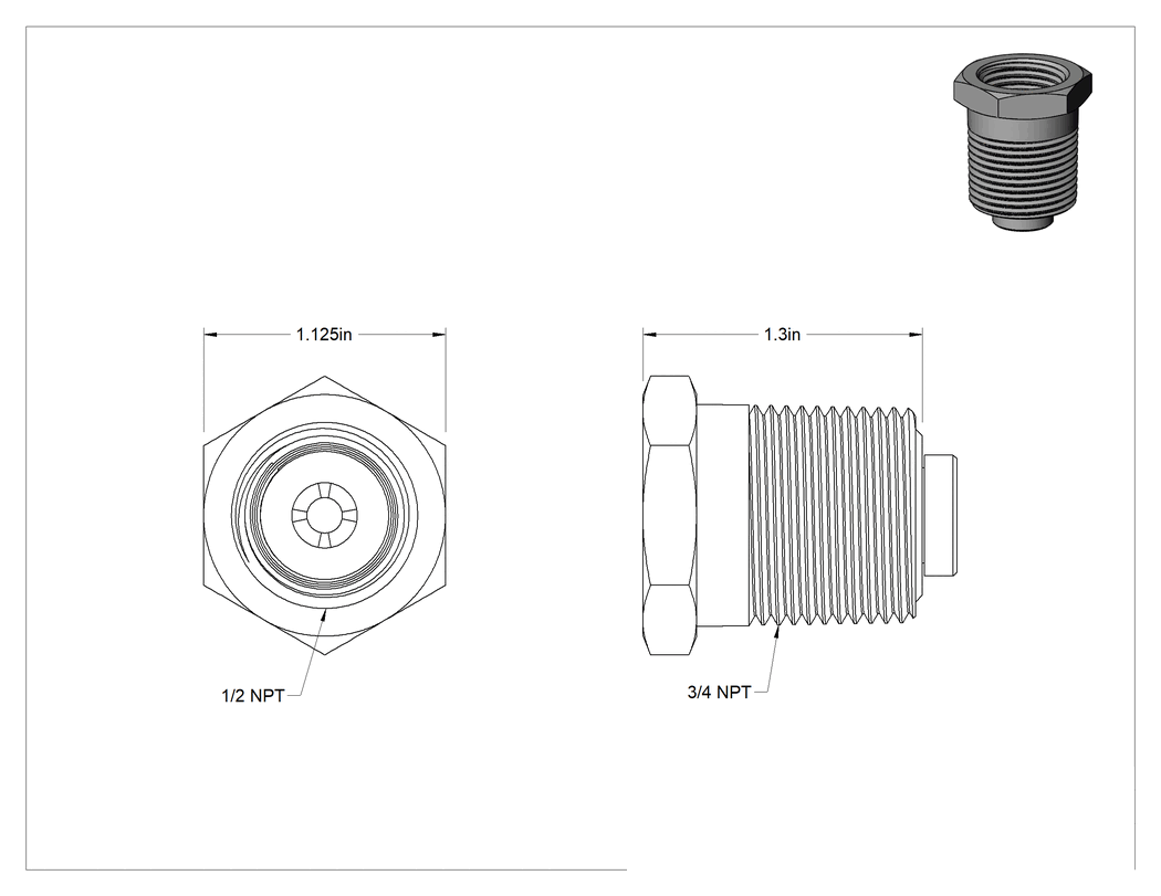 Teknik Çizim - Yüksek Basınçlı Vakum Kesici, 1/2 NPT Dişi x 3/4 NPT Erkek