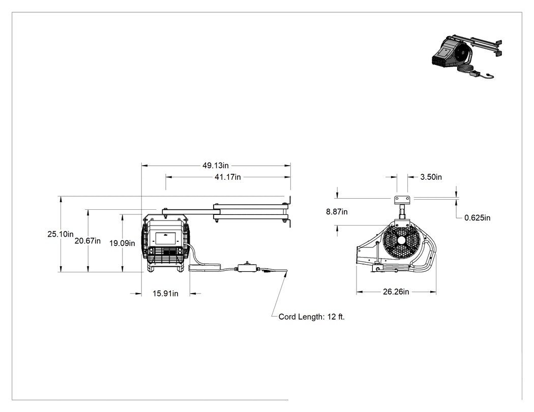 Teknik Çizim - Ayarlanabilir Kollu Fan, LED ışıklı, 42" Kol Uzanma Mesafesi