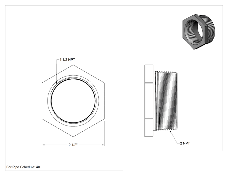 Teknik Çizim - Premium Düşük Basınçlı 316 Paslanmaz Çelik Boru Bağlantı Parçası, Sertifikalı, Redüksiyon Adaptörü, 2 NPT Erkek x 1-1/2 NPT Dişi