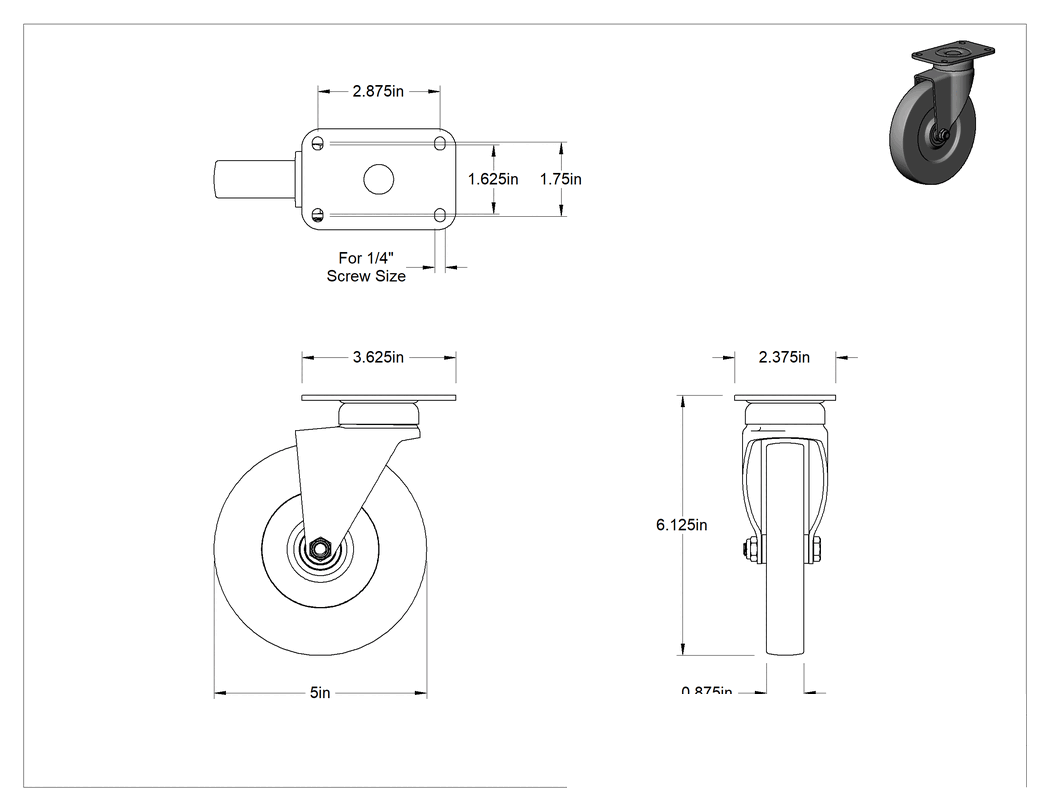 Teknik Çizim - Paslanma ve Aşınmaya Dayanıklı Tekerlek, 5" Çaplı 80D Durometre Kauçuk Tekerlekli Döner