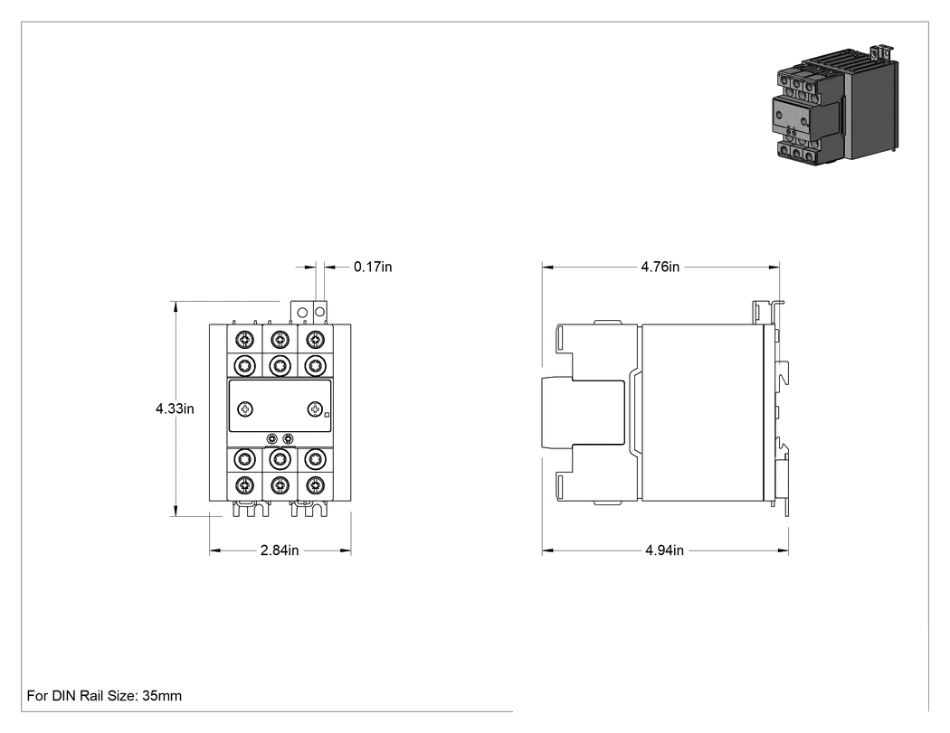 Teknik Çizim - DIN Rayı Montajlı Katı Hal Rölesi, DPST-NO, 5-30V DC Giriş, 10 mA Kontrol, 40A @ 600 VAC