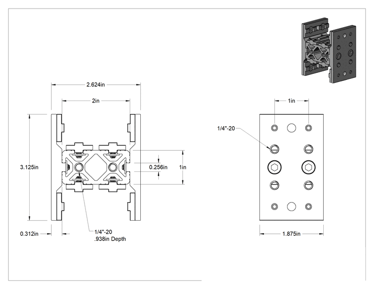 Teknik Çizim - T-Yivli Çerçeve, İki adet 2" Yüksekliğinde Çift Ray için Ağır Hizmet Tipi Rulman, 1-7/8" Uzunluk, Gümüş