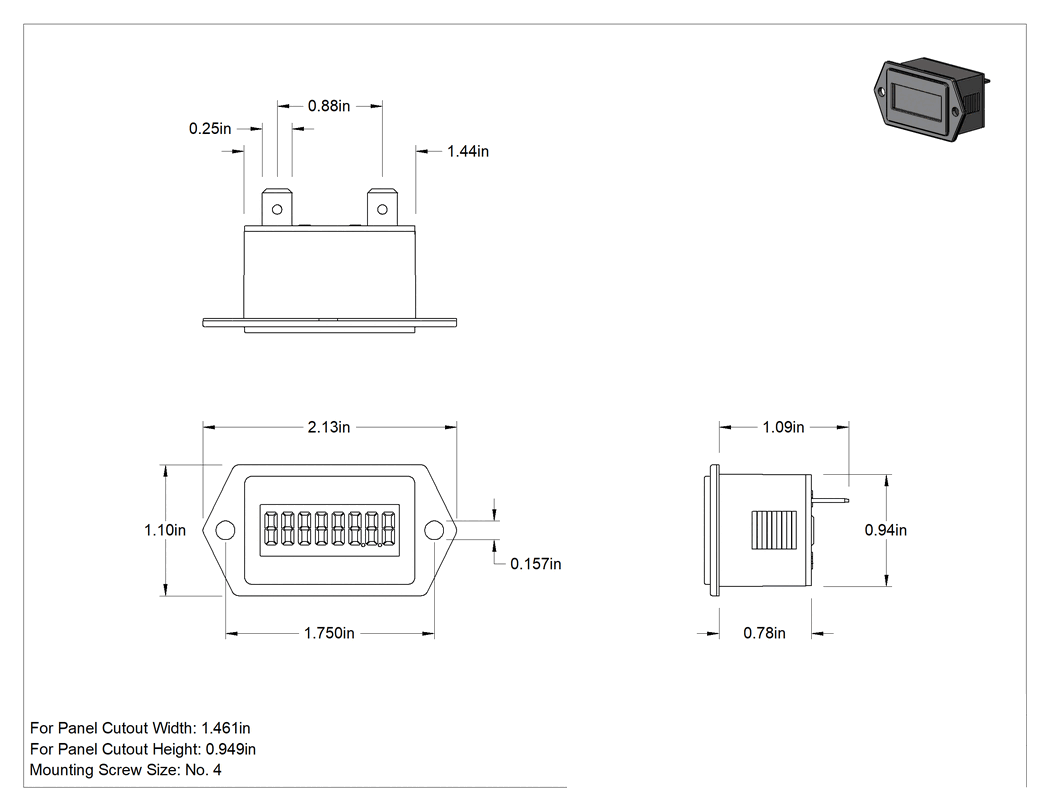 Teknik Çizim - Elektrikle Çalışan Sayaç, Vida ile Sabitleme, Çatal Terminalleri, 0.9 inç Yüksekliğinde Panel Kesiti için