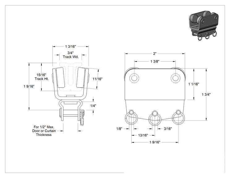 Teknik Çizim - 550 lb Kapasiteli Paslanma ve Aşınmaya Dayanıklı I-Kirişli Makaralı Ray için Çatal Pimli Askı
