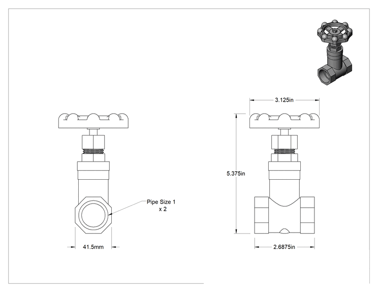 Teknik Çizim - 316 Paslanmaz Çelik Gövde ve Sürgülü Kademeli Açma/Kapama Vanası, 1 adet Dişi Soket Bağlantı