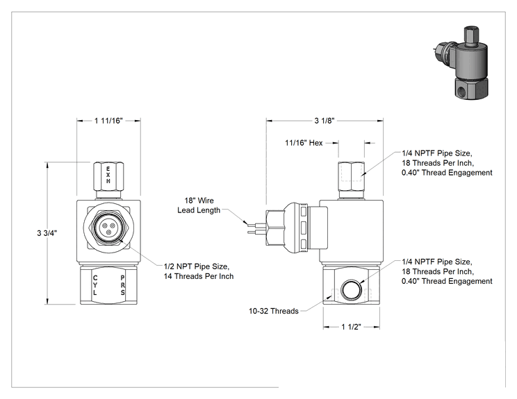 Teknik Çizim - Egzoz Portlu Solenoid Açma/Kapama Vanası, Doğal için, Propan ve Bütan Gazı, 24V DC, 95 PSI