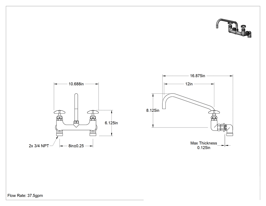 Teknik Çizim - Yüksek Akışlı Lavabo Musluğu, Çift 3/4 NPT Dişi Arka/Alt Girişler, 12" Uzunlukta Döner Ağızlık