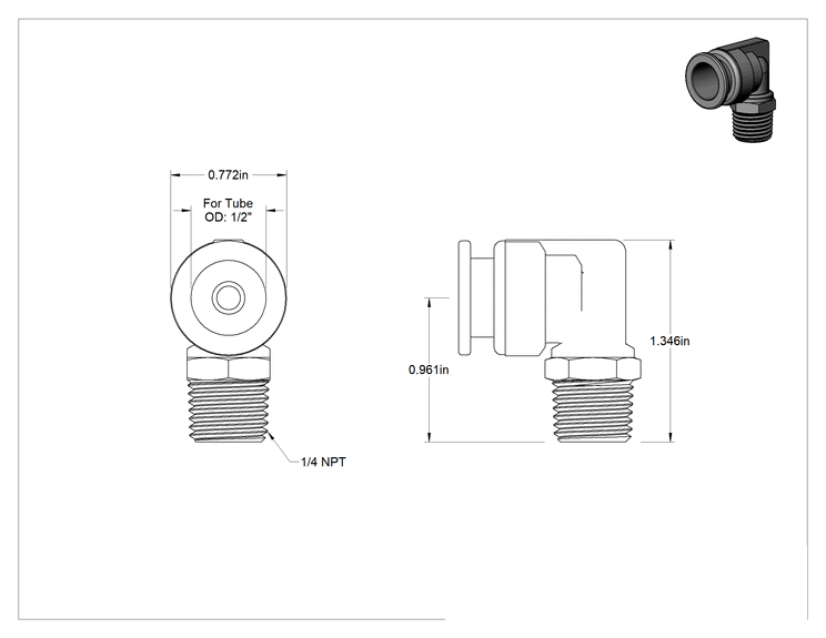 Teknik Çizim - Hava ve Su için Paslanmaz Çelik Bas-Bağlan Tüp Bağlantı Elemanı, 90 Derece Dirsek Adaptörü, 1/2" Boru Dış Çapı x 1/4 NPT Erkek