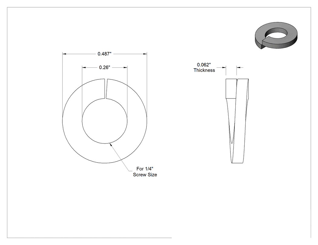 Teknik Çizim - Çelik Yaylı Pul, Siyah Oksit, 1/4" Vida Boyutu için, 0.26" İç Çap