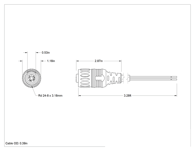 Teknik Çizim - Hızlı Bağlantı Vidalı Güç Konektörü, Tel Uçlu Soket, 3.5 Fit Uzunluğunda Kablo