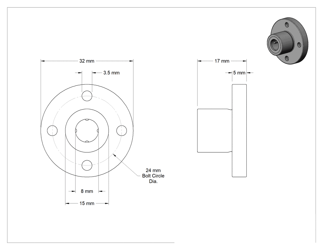 Teknik Çizim - Paslanma ve Aşınmaya Dayanıklı Flanş Montajlı Bilyalı Lineer Rulman, Yuvarlak Flanşlı Muhafazalı, 17 mm Uzunluk, 32 mm Genişlik, 32 mm Yükseklik