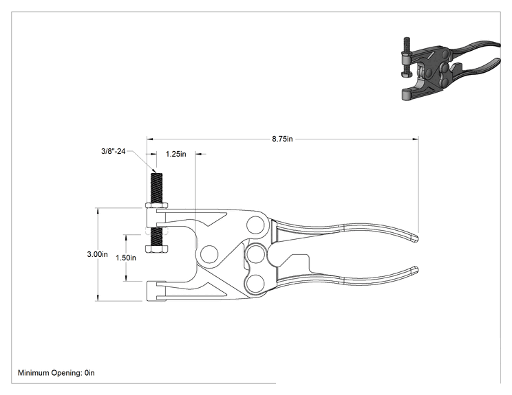 Teknik Çizim - Pense Tipi Mandal Kelepçesi, 0" ila 1-1/2" Açıklık, 2400 lbs. Tutma Kapasitesi