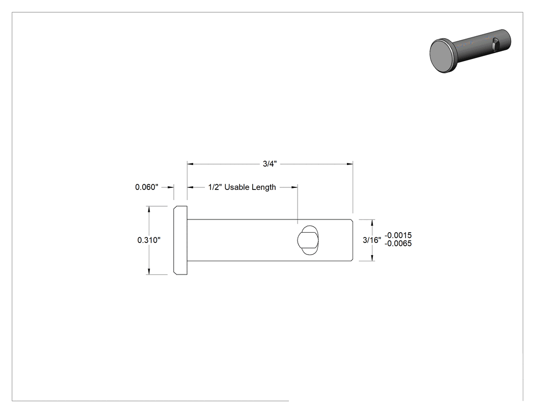 Teknik Çizim - Kama ile Kendiliğinden Kilitlenen Çatal Pim, Çinko Kaplı Çelik, 3/16" Çap, 1/2" Kullanılabilir Uzunluk