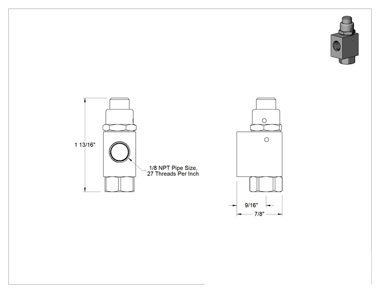 Teknik Çizim - Pirinç Gövdeli Hızlı Çalışan Kompakt Açma/Kapama Valfi, Kompakt Düğmeli, Normalde Açık, Port, 1/8 NPT Dişi