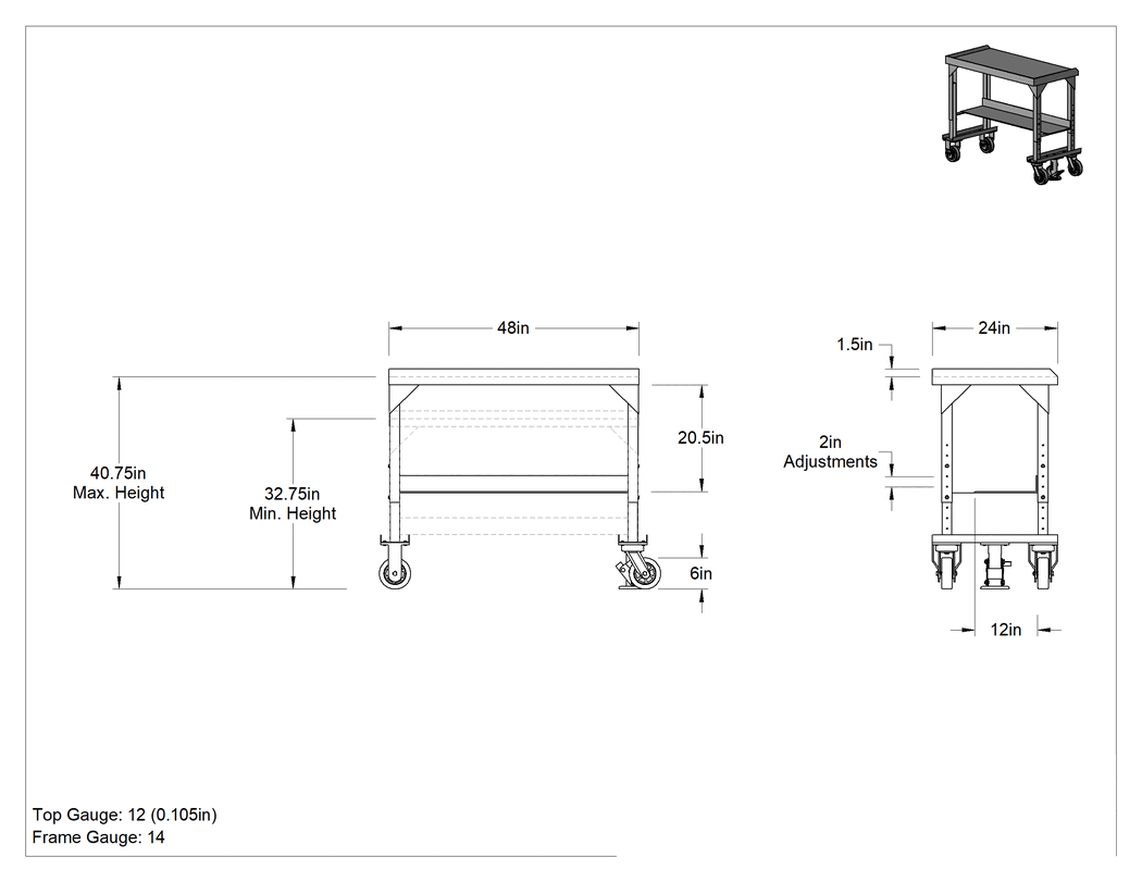 Teknik Çizim - Ağır Hizmet Tipi Yüksekliği Ayarlanabilir Çelik Masa, Raflı, Mobil, 48" Genişlik x 24" Derinlik