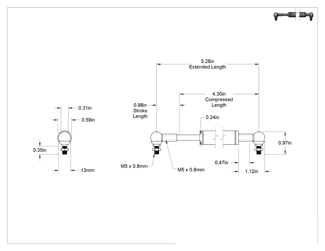 Teknik Çizim - Sıkıştırma ve Uzatma Lineer Hız Sınırlayıcı, 1" Strok Uzunluğu, 5.3" Uzatılmış Uzunluk