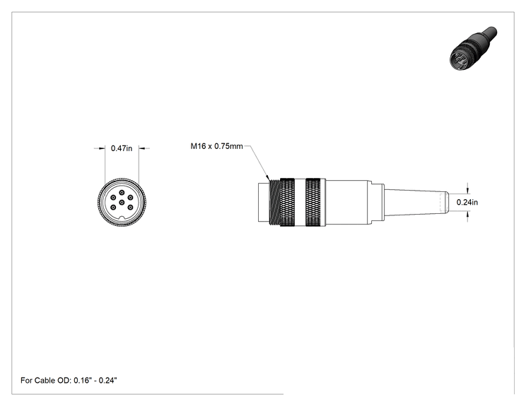 Teknik Çizim - Mikro M16 Konektörü, Lehim Bağlantılı 6 Kutuplu Fiş, Dış Diş