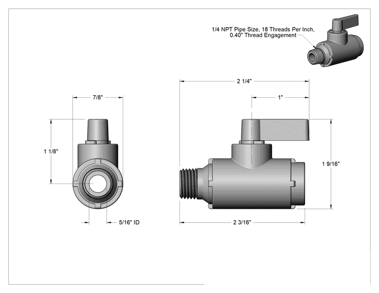 Teknik Çizim - Siyah Naylon Açma/Kapama Vanası, Kompakt, 1/4 NPT Dişi x 1/4 NPT Erkek, 2.6 Cv