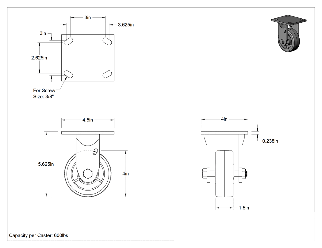Teknik Çizim - 4-1/2" x, 4" Montaj Plakalı Samson Tekerlek, 4 inç Çapında 60D Durometreli Poliüretan Tekerlekli Sert