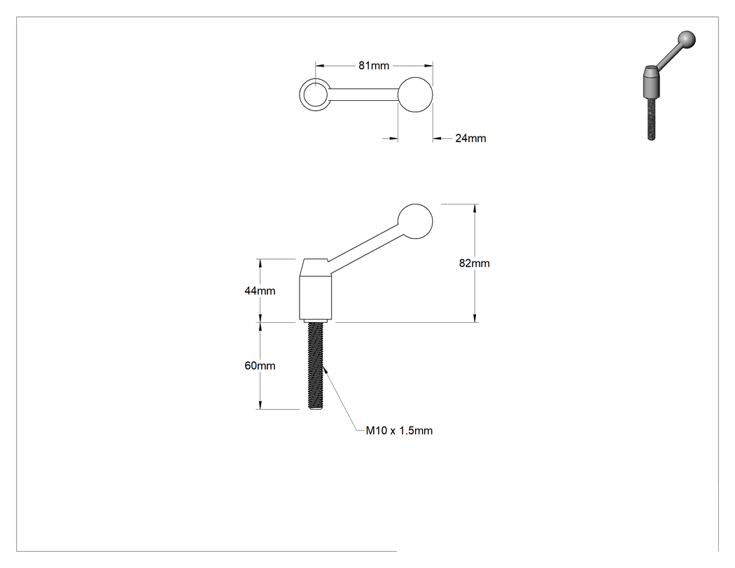 Teknik Çizim - Çelik Ayarlanabilir Tutamak, M10 x 1.5 mm Dişli 60 mm Uzunlukta Saplama ile, 82 mm Çıkıntı