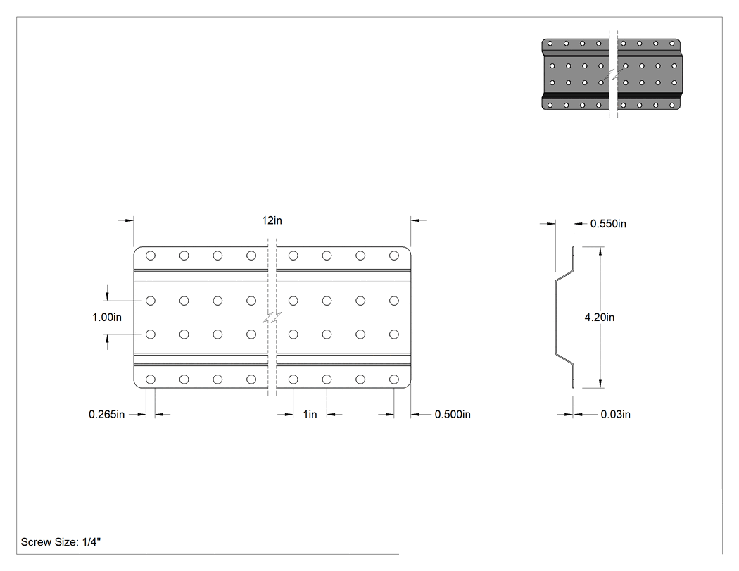 Teknik Çizim - Delikli Pano Şeridi, Parlak Paslanmaz Çelik, 9/32" Çaplı Delikler, 12" Genişlik x 4" Yükseklik