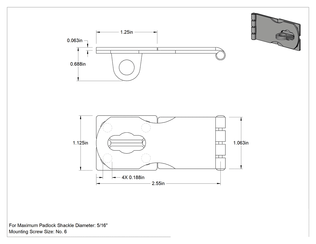Teknik Çizim - Asma Kilitli Mandal, 2-9/16" x 1-1/16" x 1/16" kollu, 304 Paslanmaz Çelik