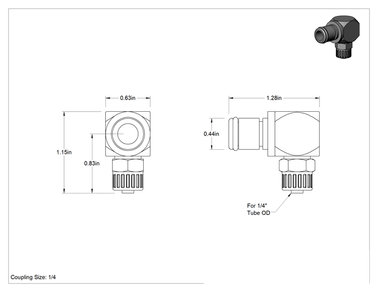 Teknik Çizim - Hava için Yüksek Basınçlı Pirinç Hızlı Bağlantı Boru Bağlantısı, Açık Akışlı 90 Derece Dirsek Tapası, 1/4 Boyut, 1/4" Boru Dış Çapı için
