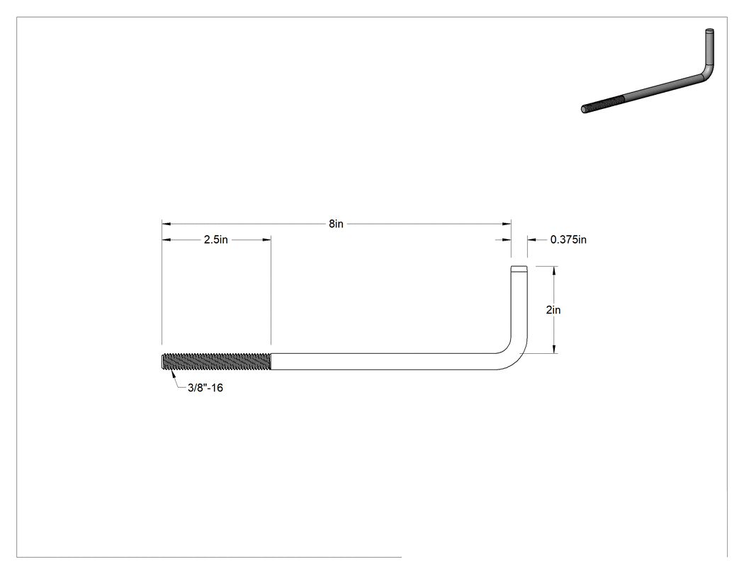 Teknik Çizim - Beton için Çelik L-Kanca Ankraj, 3/8" Çap, 8" Uzunluk