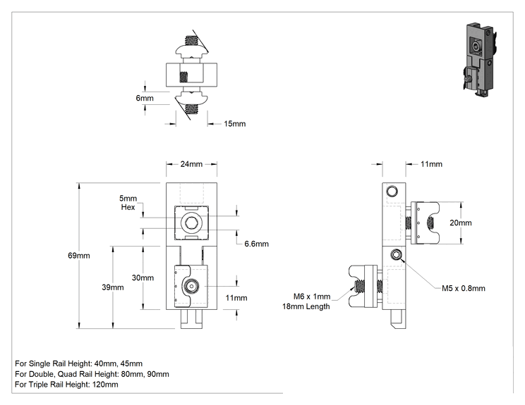 Teknik Çizim - T-Yivli Çerçeve, 40 ve 45 mm Yüksekliğinde Ray için Kaldırılabilir Katı Panel Askısı